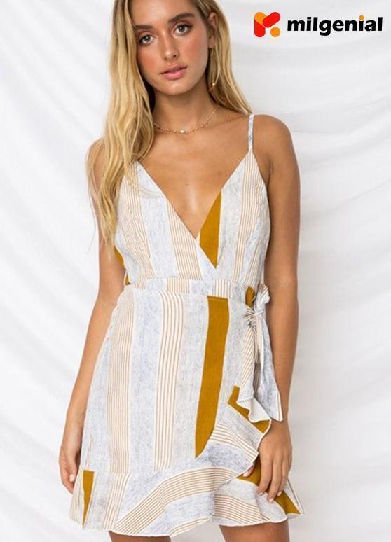 Vestido Estampado Con Volantes En la Base - Amarillo y blanco