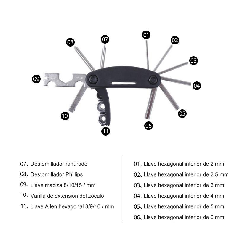 Kit de herramientas de reparación mecánica para bicicletas 16 en 1