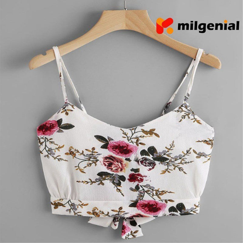 Camiseta tirante con flores y rayas